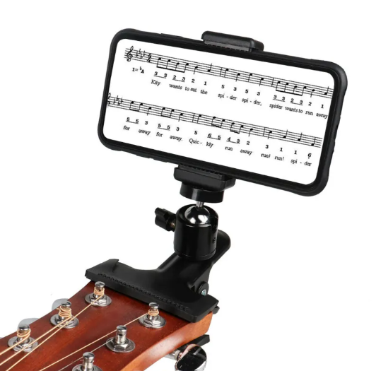 Phone guitar stand in use during live streaming setup