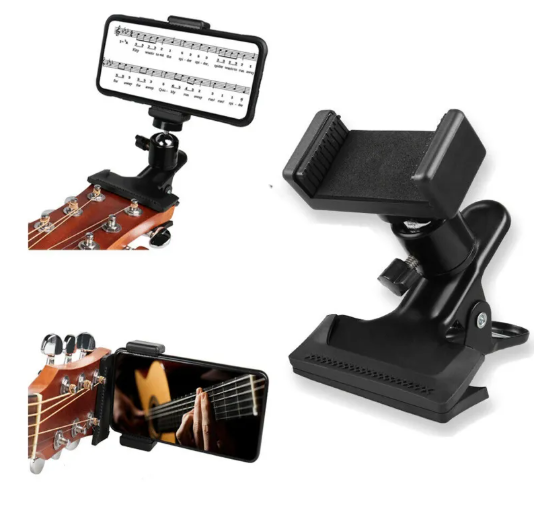 Phone guitar stand in use during live streaming setup