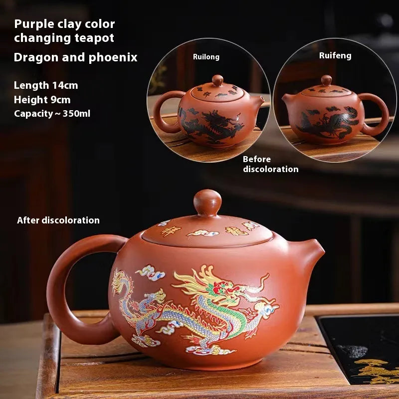 Purple clay teapot with dragon and phoenix design, showing before and after discoloration on a wooden surface.